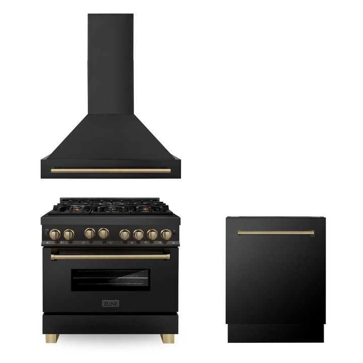 ZLINE 36" 3 Piece Black Stainless Fuel Range w/ Range Hood &amp; Dishwasher