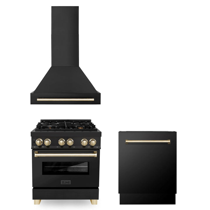 ZLINE Autograph Edition 30", 36", &amp; 48" Black Stainless Steel Dual Fuel Range, Convertible Vent Range Hood, and Dishwasher Kitchen Package with Polished Gold Accents