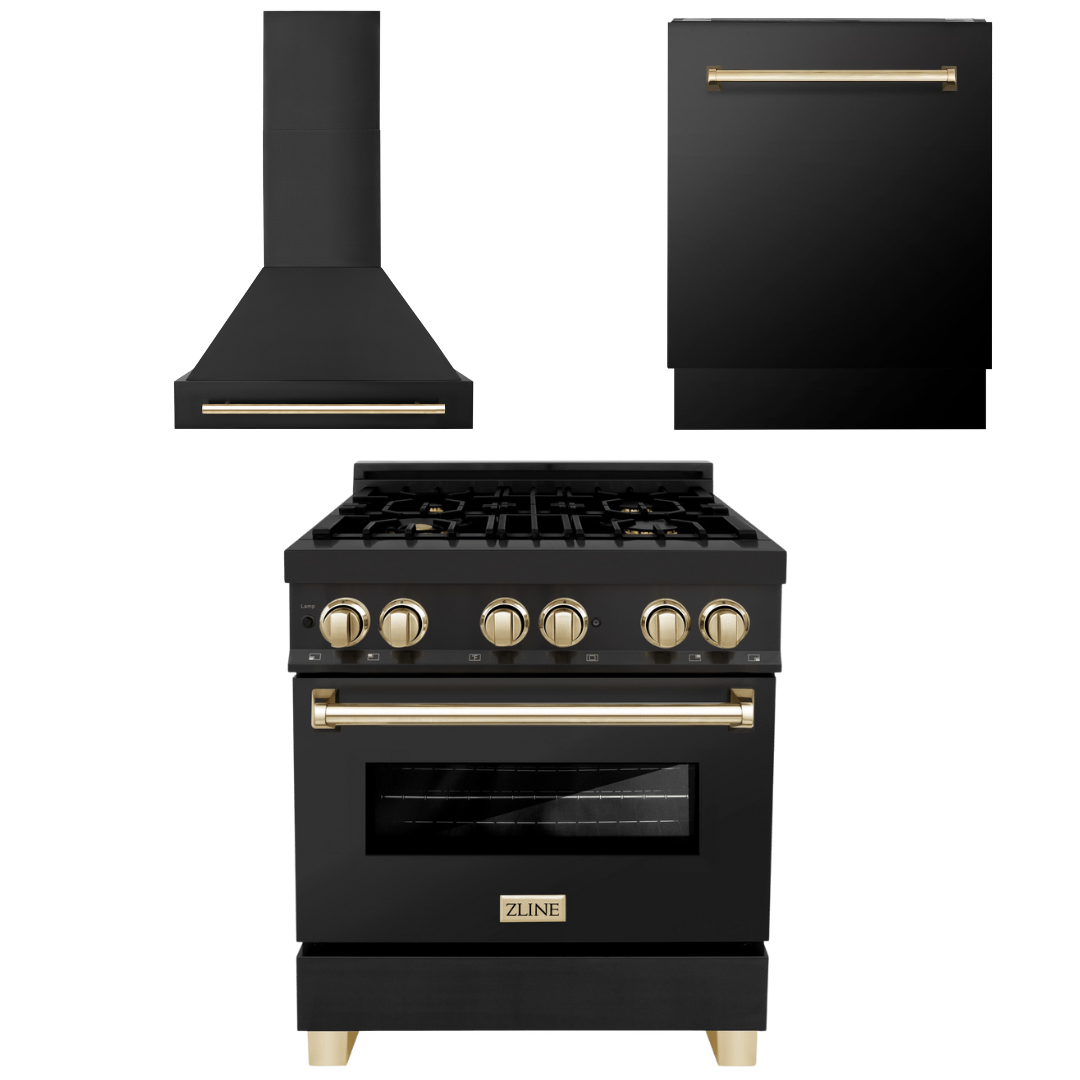 ZLINE Autograph Package - 30 In. Dual Fuel Range, Range Hood, and Dishwasher in Black Stainless Steel with Gold Accents, 3AKP-RABRHDWV30-G