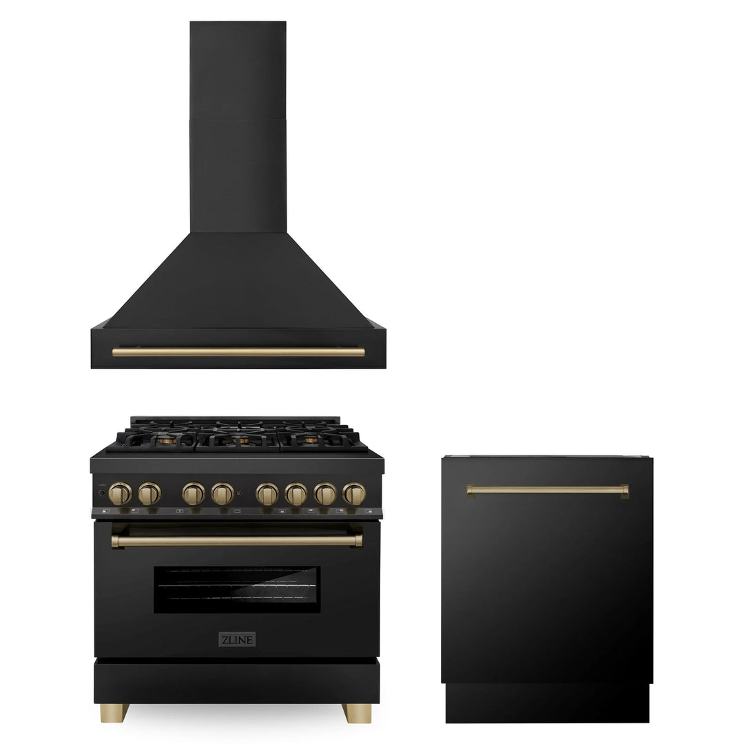 ZLINE Autograph Edition 30", 36", &amp; 48" Black Stainless Steel Dual Fuel Range, Convertible Vent Range Hood, and Dishwasher Kitchen Package with Champagne Bronze Accents