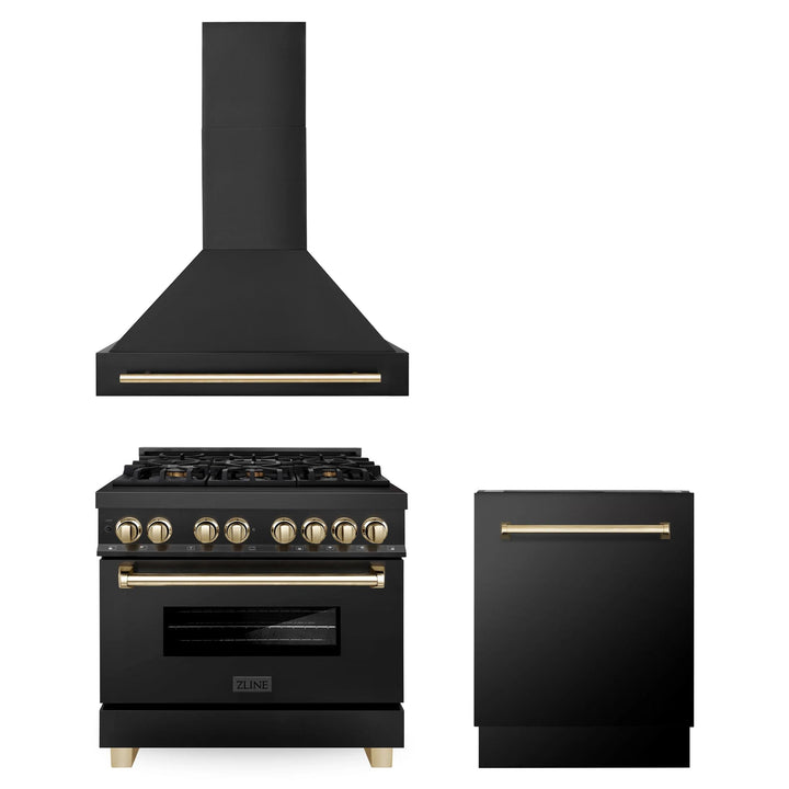 ZLINE Autograph Edition 30", 36", &amp; 48" Black Stainless Steel Dual Fuel Range, Convertible Vent Range Hood, and Dishwasher Kitchen Package with Polished Gold Accents