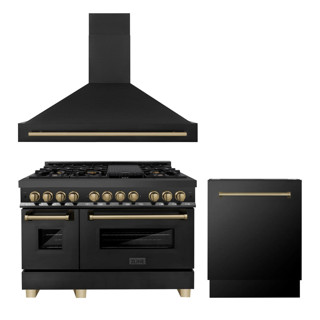 ZLINE Autograph Edition 30", 36", &amp; 48" Black Stainless Steel Dual Fuel Range, Convertible Vent Range Hood, and Dishwasher Kitchen Package with Champagne Bronze Accents