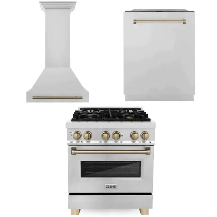 ZLINE Autograph Edition 30", 36", &amp; 48" Stainless Steel Dual Fuel Range, Convertible Vent Range Hood, and Dishwasher Kitchen Package with Champagne Bronze Accents