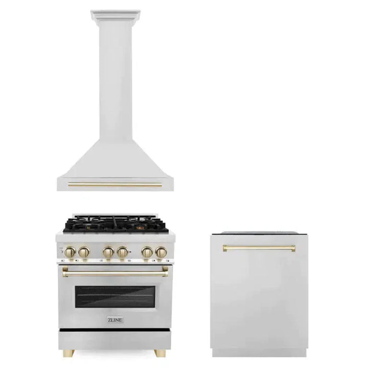 ZLINE Autograph Edition 30", 36", &amp; 48" Stainless Steel Dual Fuel Range, Convertible Vent Wall Mount Range Hood, and Dishwasher Kitchen Package with Polished Gold Accents