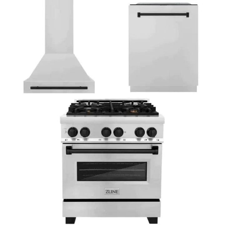 ZLINE Autograph Edition 30" &amp; 48" Stainless Steel Dual Fuel Range, Convertible Vent Range Hood, and Dishwasher Kitchen Package with Matte Black Accents
