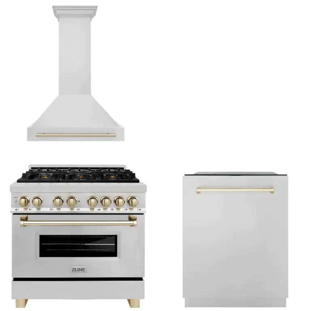 ZLINE Autograph Edition 30", 36", &amp; 48" Stainless Steel Dual Fuel Range, Convertible Vent Wall Mount Range Hood, and Dishwasher Kitchen Package with Polished Gold Accents