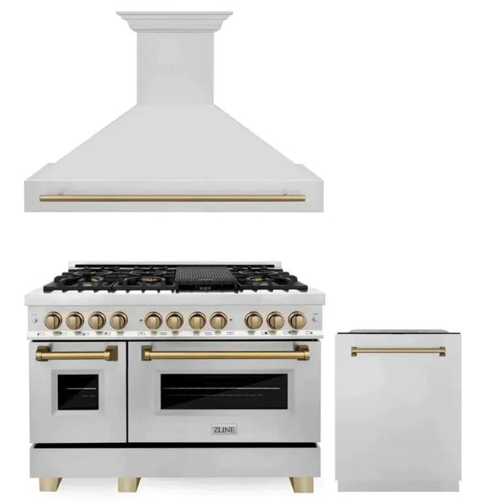 ZLINE Autograph Edition 30", 36", &amp; 48" Stainless Steel Dual Fuel Range, Convertible Vent Range Hood, and Dishwasher Kitchen Package with Champagne Bronze Accents