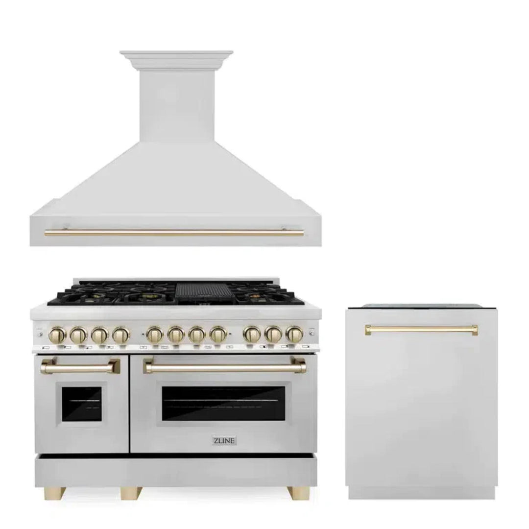 ZLINE Autograph Edition 30", 36", &amp; 48" Stainless Steel Dual Fuel Range, Convertible Vent Wall Mount Range Hood, and Dishwasher Kitchen Package with Polished Gold Accents