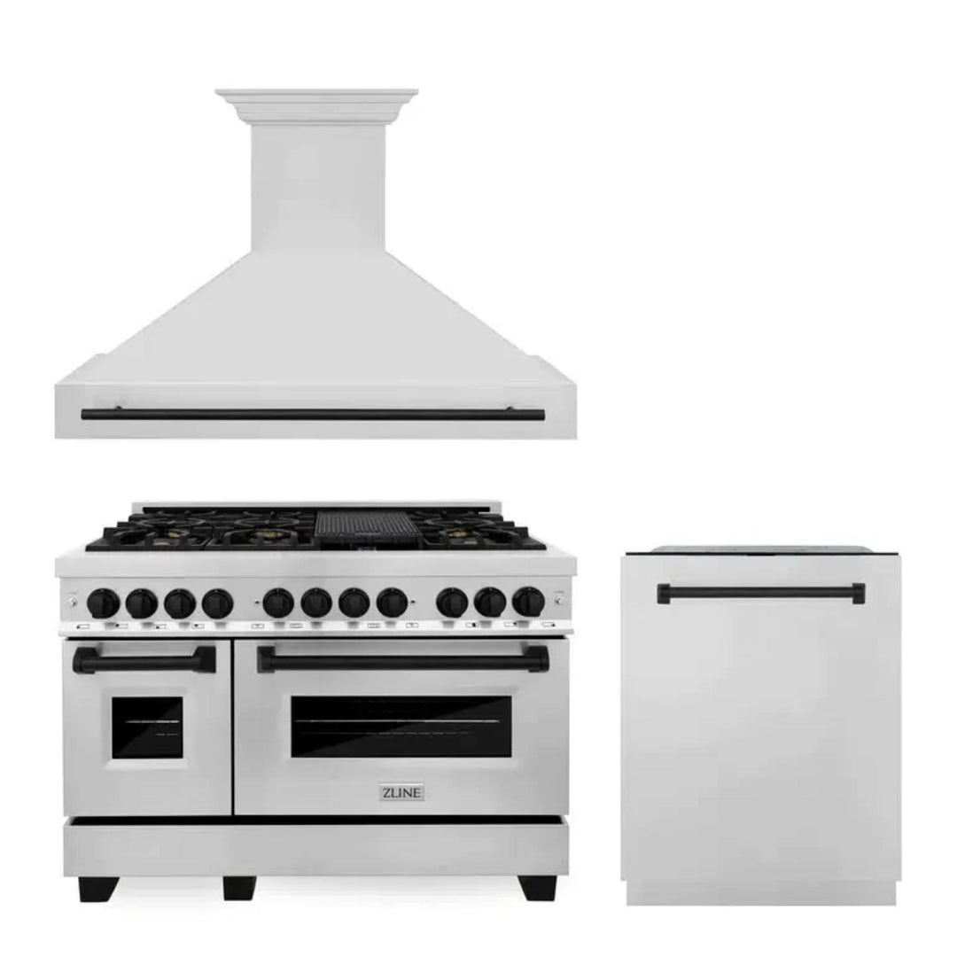 ZLINE Autograph Edition 30" &amp; 48" Stainless Steel Dual Fuel Range, Convertible Vent Range Hood, and Dishwasher Kitchen Package with Matte Black Accents