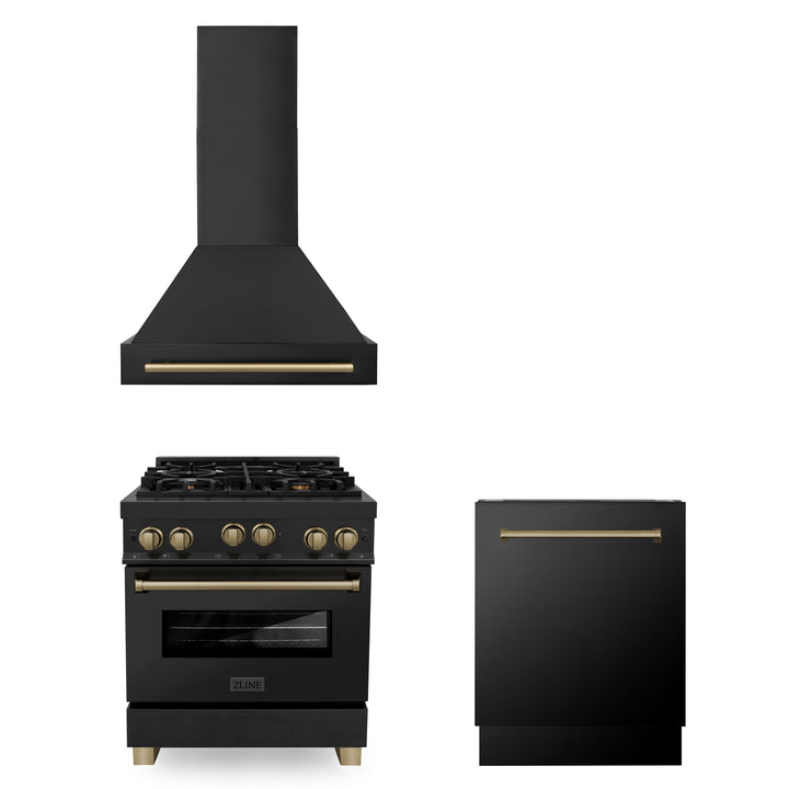 ZLINE 30" 3 Piece Black Stainless Fuel Range w/ Range Hood &amp; Dishwasher