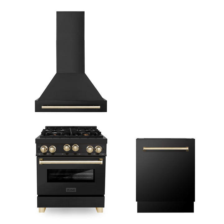 ZLINE 30" 3 Piece Black Stainless Fuel Range w/ Range Hood &amp; Dishwasher