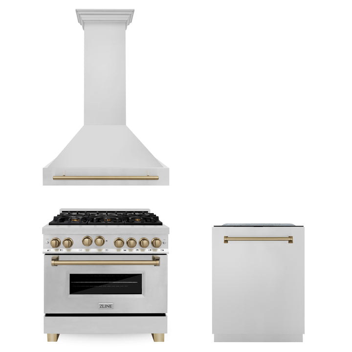 ZLINE 36" 3 Piece Stainless Fuel Range w/ Range Hood &amp; Dishwasher