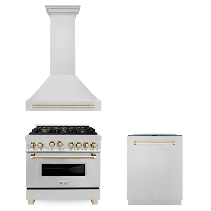 ZLINE 36" 3 Piece Stainless Fuel Range w/ Range Hood &amp; Dishwasher