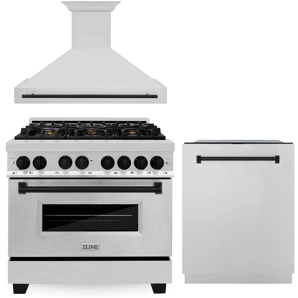 ZLINE 36" 3 Piece Stainless Fuel Range w/ Range Hood &amp; Dishwasher