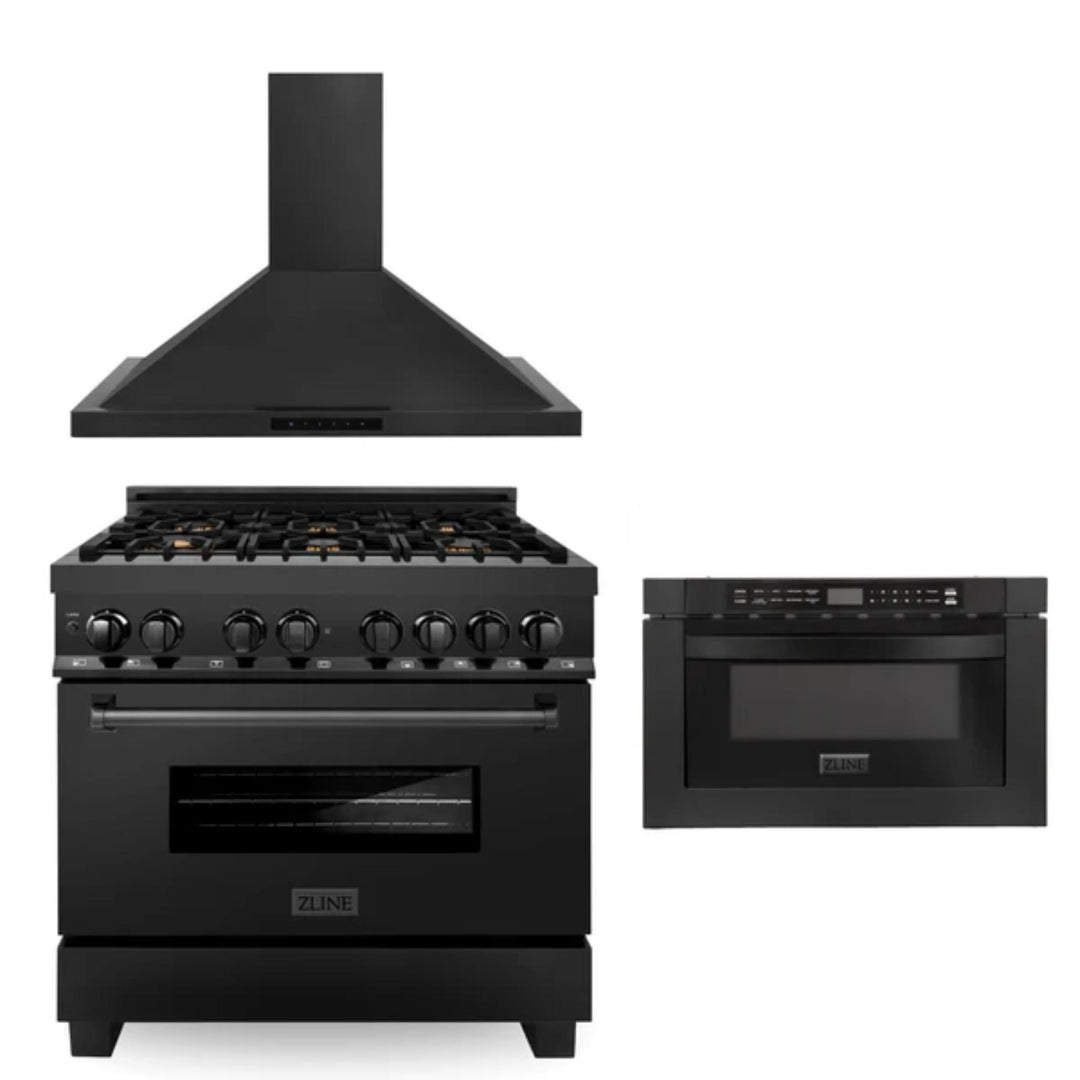 ZLINE 30" &amp; 36" Kitchen Packages with Dual Fuel Range, Convertible Vent Range Hood, and Microwave Drawer in Matte White