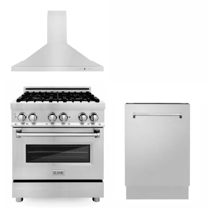ZLINE 30", 36" &amp; 48" Kitchen Packages with Stainless Steel Dual Fuel Range, Convertible Vent Range Hood, and Dishwasher