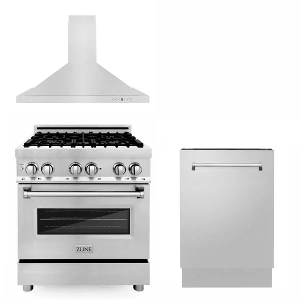 ZLINE 30", 36" &amp; 48" Kitchen Packages with Stainless Steel Dual Fuel Range, Convertible Vent Range Hood, and Tall Tub Dishwasher
