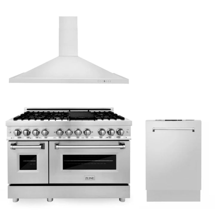 ZLINE 30", 36" &amp; 48" Kitchen Packages with Stainless Steel Dual Fuel Range, Convertible Vent Range Hood, and Dishwasher