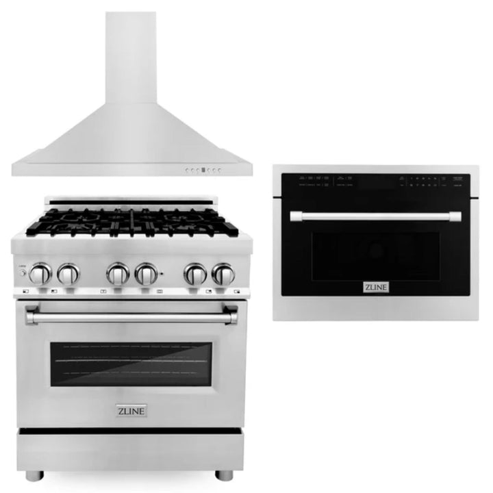 ZLINE 3KP-RARHMWO series Kitchen Packages with Stainless Steel Dual Fuel Range, Convertible Vent Range Hood, and 24" Microwave Oven