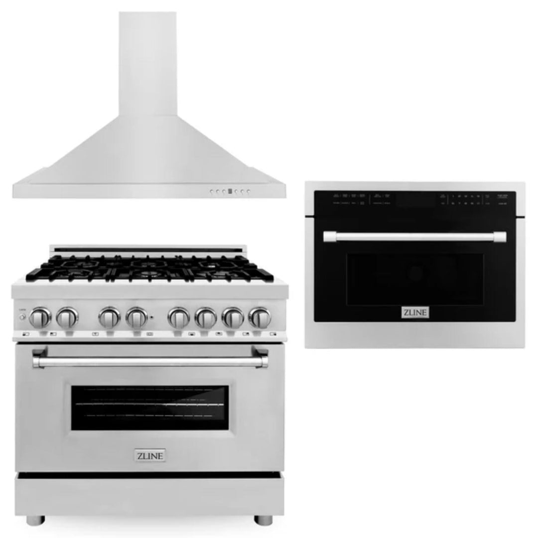 ZLINE 3KP-RARHMWO series Kitchen Packages with Stainless Steel Dual Fuel Range, Convertible Vent Range Hood, and 24" Microwave Oven