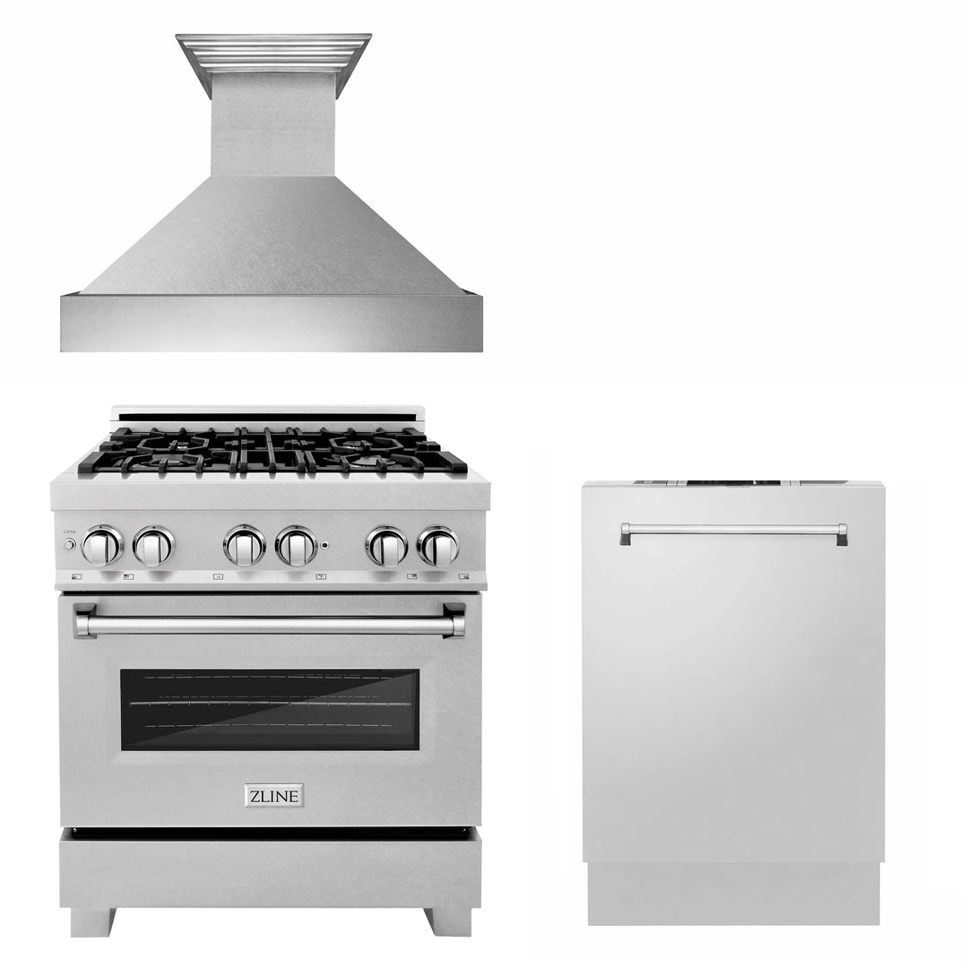 ZLINE 30" Kitchen Package Dual Fuel Range Ducted Vent Range Hood &amp; Dishwasher