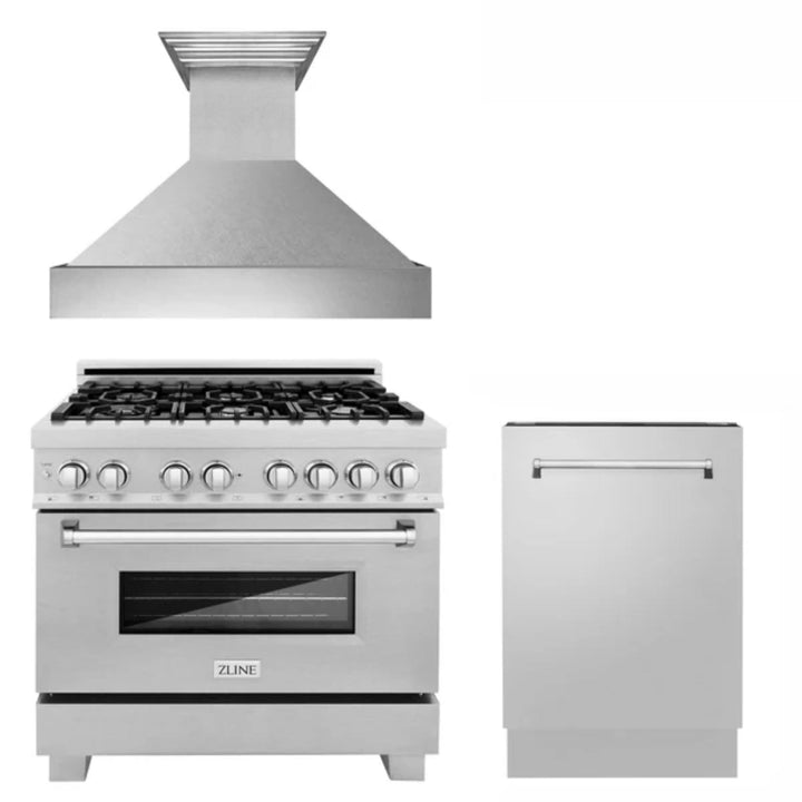 ZLINE 30", 36" &amp; 48" Kitchen Packages with Satin Stainless Steel Dual Fuel Range, Convertible Vent Range Hood, and Tall Tub Dishwasher