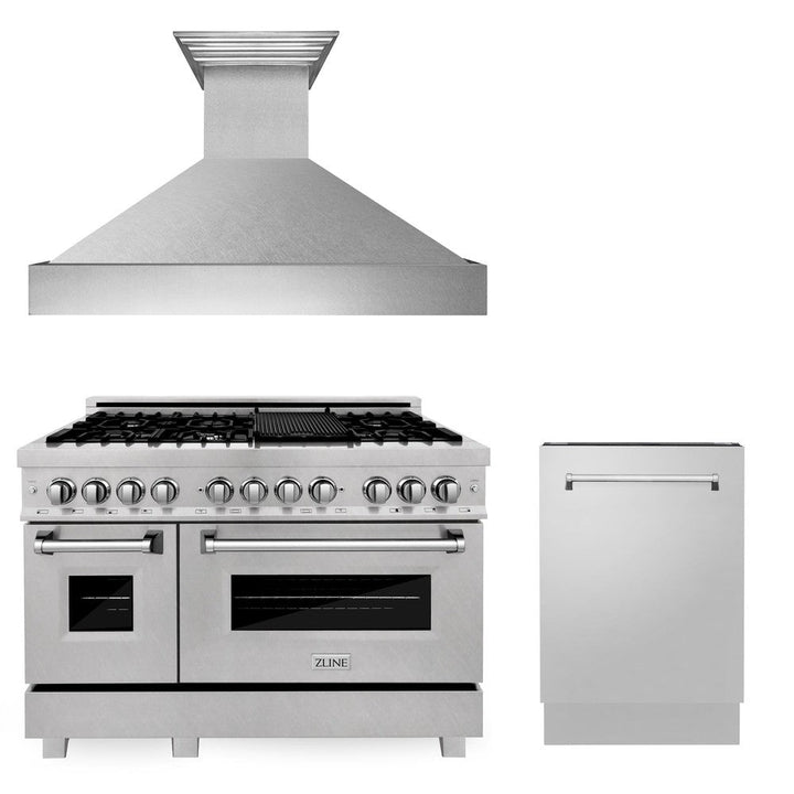 ZLINE 48 in. Kitchen Package with Satin Stainless Dual Fuel Range, Ducted Vent Range Hood and Tall Tub Dishwasher (3KP-RASRH48-DWV)