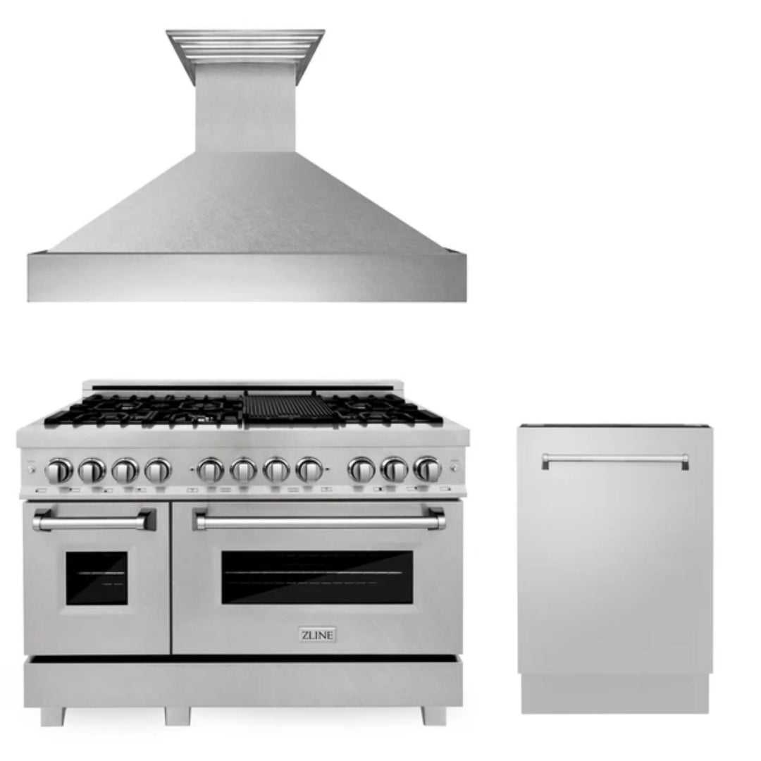 ZLINE 30", 36" &amp; 48" Kitchen Packages with Satin Stainless Steel Dual Fuel Range, Convertible Vent Range Hood, and Tall Tub Dishwasher