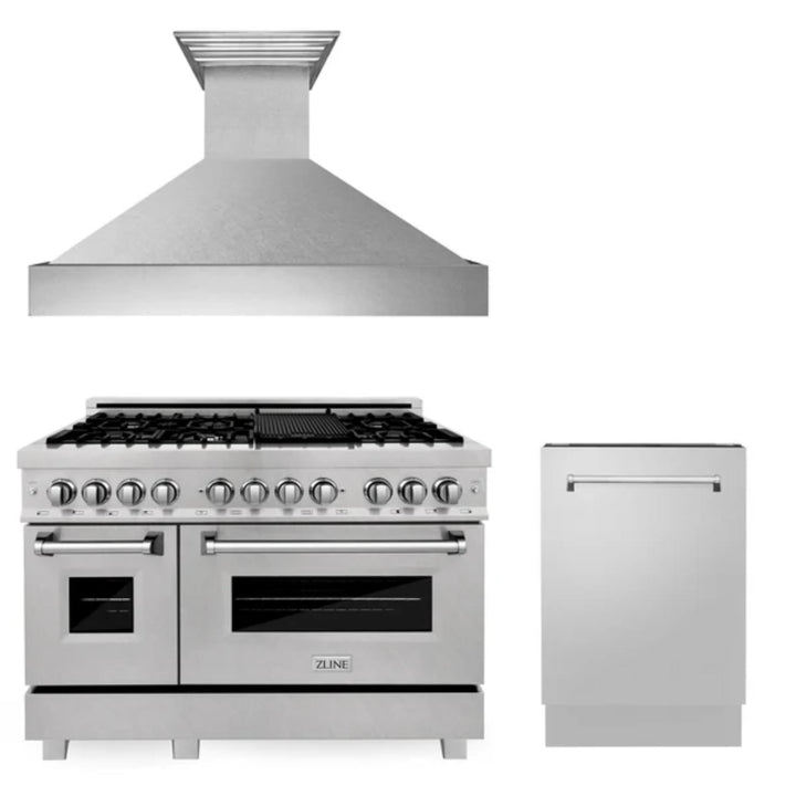 ZLINE 30", 36" &amp; 48" Kitchen Packages with Satin Stainless Steel Dual Fuel Range, Convertible Vent Range Hood, and Tall Tub Dishwasher