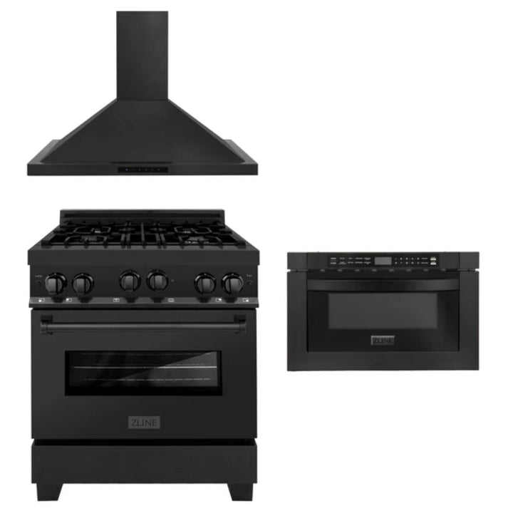 ZLINE 30" &amp; 36" Kitchen Packages with Black Stainless Steel Gas Range, Convertible Vent Range Hood, and Microwave Drawer.