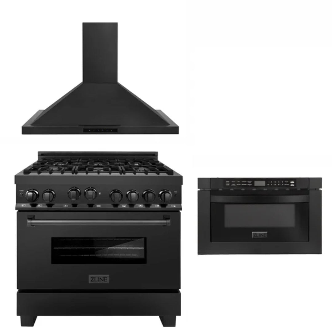 ZLINE 30" &amp; 36" Kitchen Packages with Black Stainless Steel Gas Range, Convertible Vent Range Hood, and Microwave Drawer.