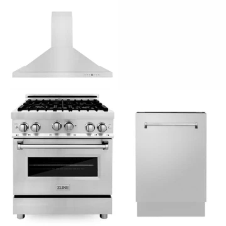 ZLINE 30" &amp; 36" Kitchen Packages with Black Stainless Steel Gas Range, Convertible Vent Range Hood, and 3-Rack Dishwasher