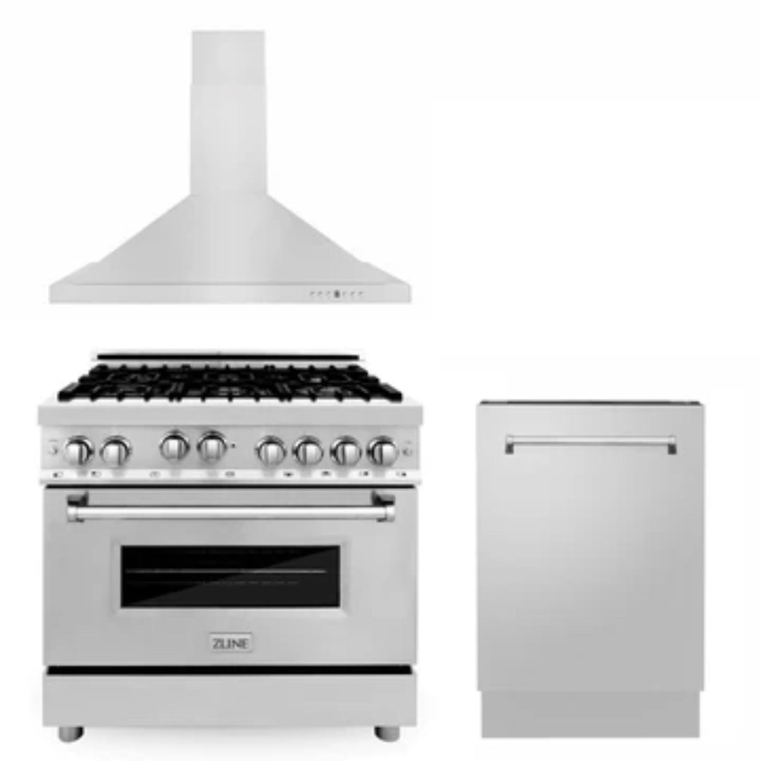 ZLINE 30" &amp; 36" Kitchen Packages with Black Stainless Steel Gas Range, Convertible Vent Range Hood, and 3-Rack Dishwasher