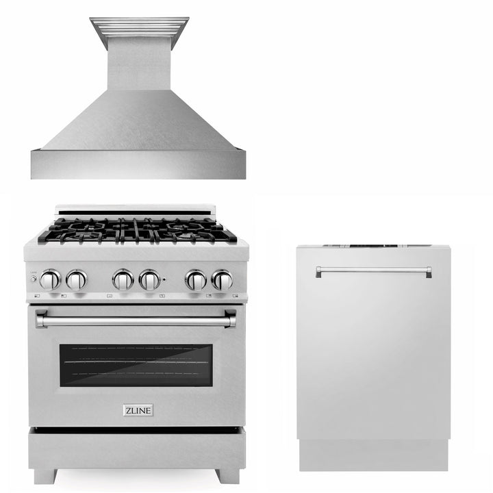 ZLINE 30” 3 Piece Stainless Fuel Range w/ Range Hood &amp; Dishwasher