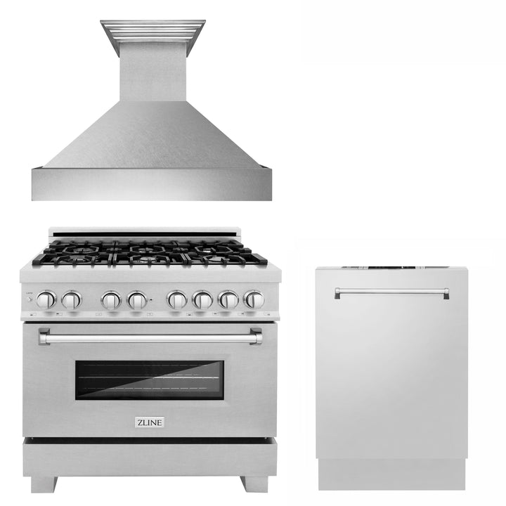 ZLINE 36” 3 Piece Stainless Fuel Range w/ Range Hood &amp; Dishwasher