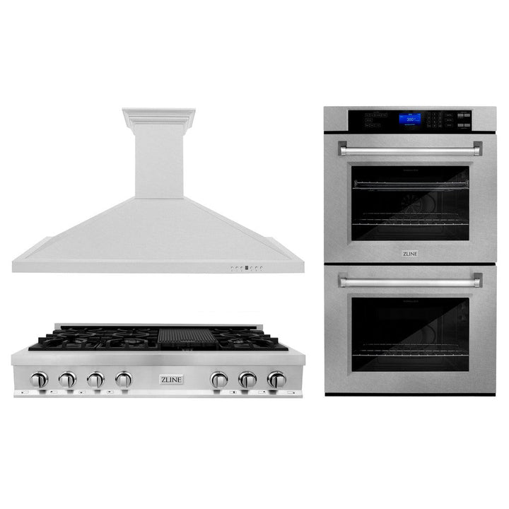 ZLINE Kitchen Package with 48 in. Satin Stainless Steel Rangetop, 48 in. Convertible Range Hood and Double Wall Oven