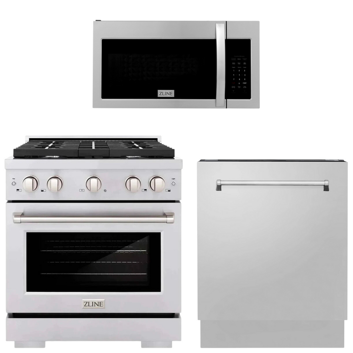 ZLINE 30 in. Gas Range, Over-the-Range Microwave, Dishwasher Appliance Package, 3KP-SGROTR30-DWV