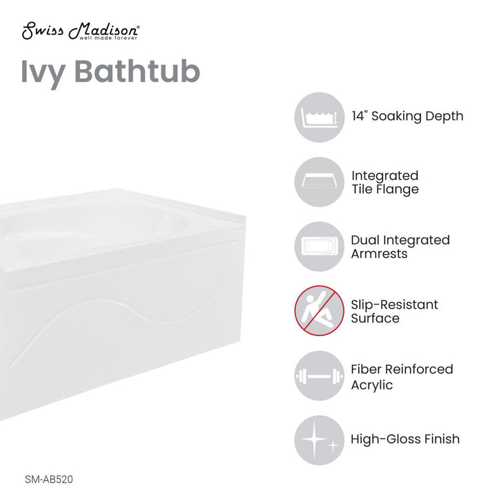 Ivy 54'' x 30" Bathtub with Apron Left Hand Drain in White