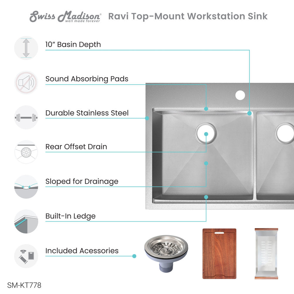 Ravi Dual Basin 33 x 22 Topmount Kitchen Workstation Sink