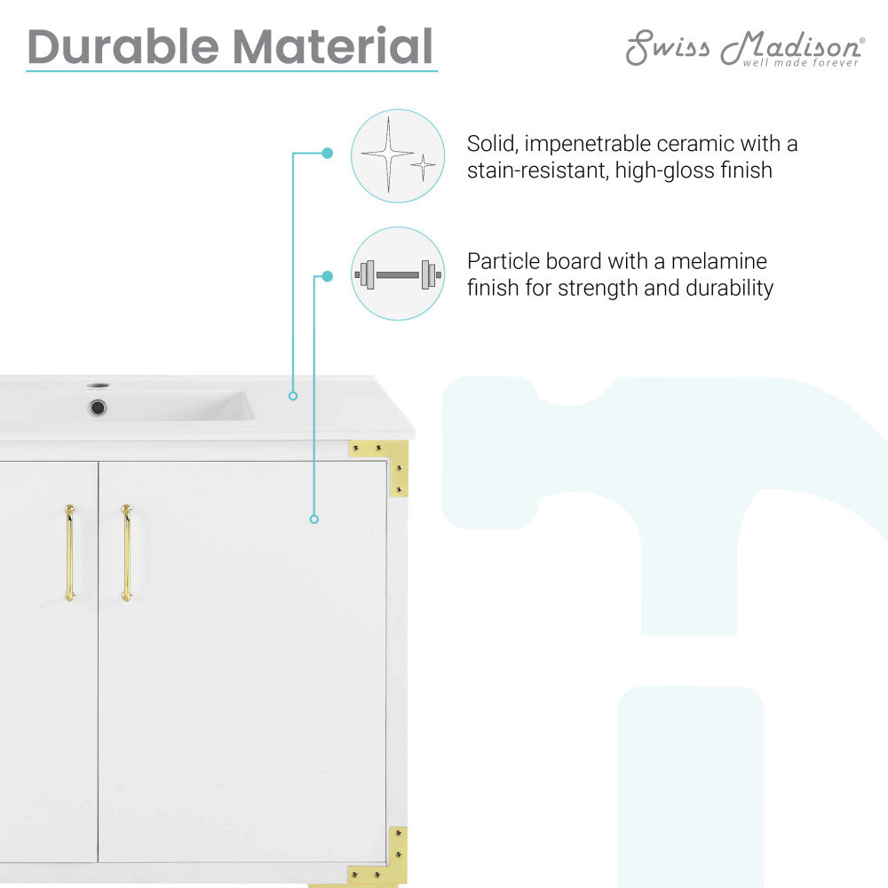 Voltaire 36" Single, Bathroom Vanity in White with Gold Hardware