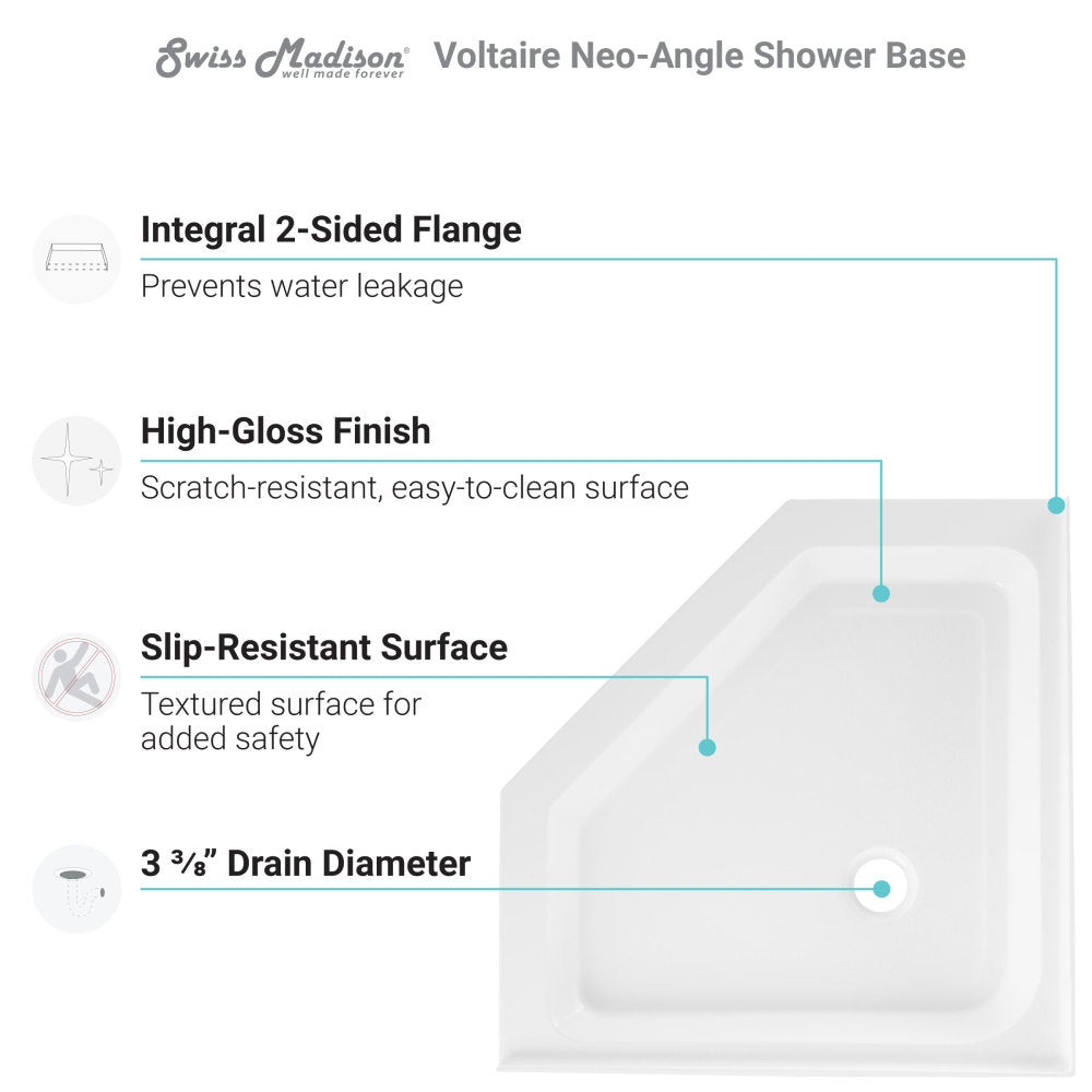 Voltaire 36" x 36" Acrylic White, Single-Threshold, Center Drain, Neo-angle Shower Base