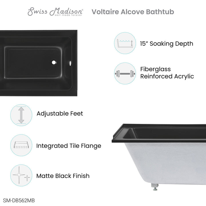 Voltaire 48" x 32" Right-Hand Drain Alcove Bathtub in Matte Black