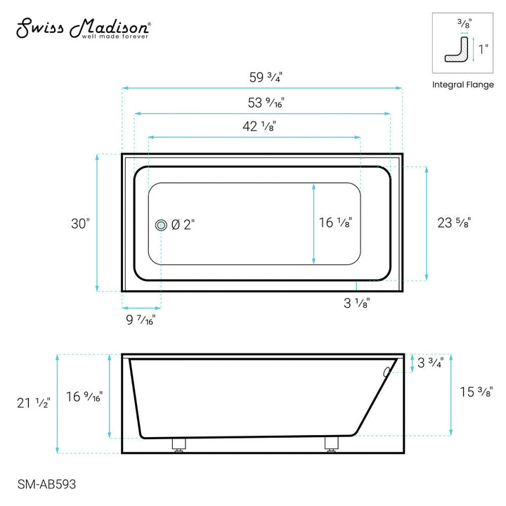 Voltaire 60" x 30" Left-Hand Drain Alcove Bathtub with Apron