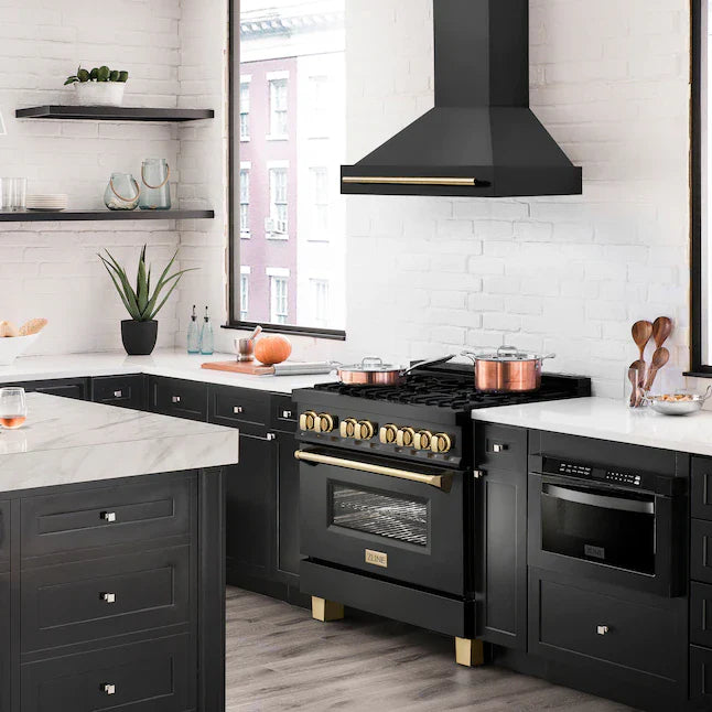 Zine 36"Black Stainless Steel with Gold Handle Wall-Mounted Range Hood