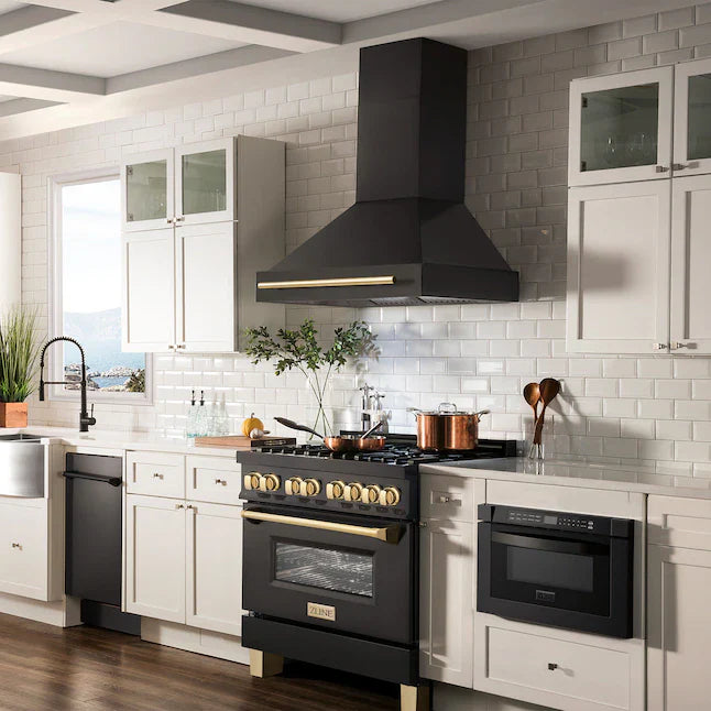 Zine 36"Black Stainless Steel with Gold Handle Wall-Mounted Range Hood