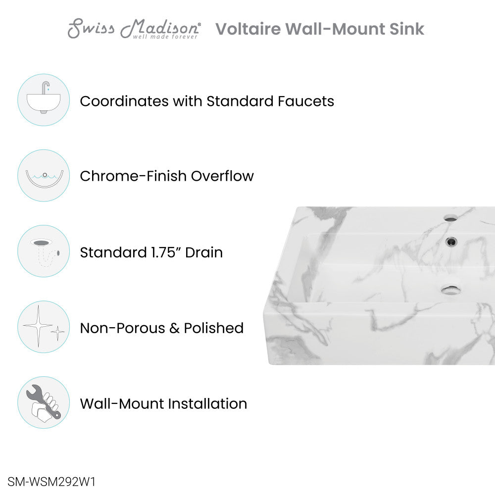 Voltaire Wide Rectangle Wall Hung Sink in White Marble