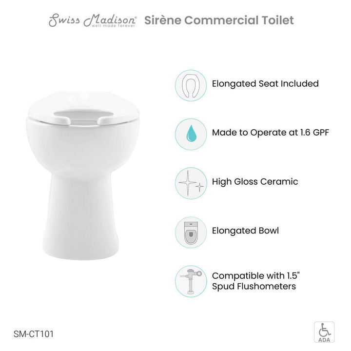 Sirene Floor-Mounted Comfort Height Commercial Elongated Top Flush Spud Flushometer Toilet Bowl