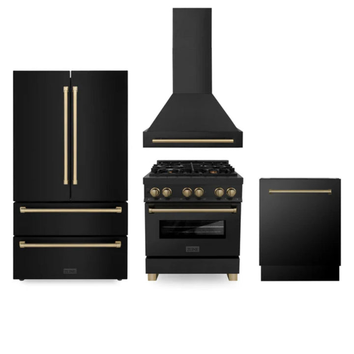 ZLINE Autograph Edition Kitchen Packages with Black Stainless Steel Range, Range Hood, Dishwasher, and Refrigerator with Champagne Bronze Accents