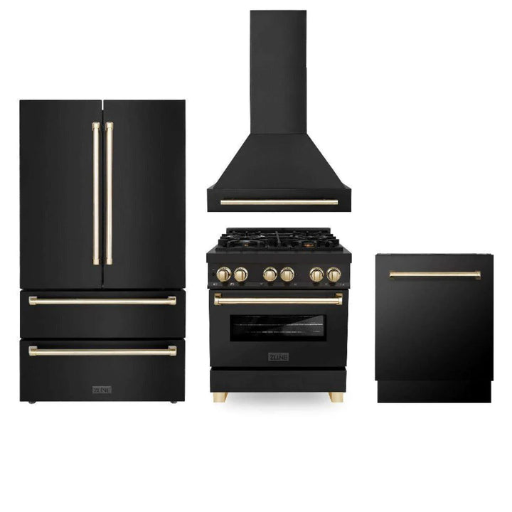 ZLINE Autograph Edition 30", 36", &amp; 48" Black Stainless Steel 4-Piece Kitchen Package with Dual Fuel Range, Range Hood, Dishwasher, and Refrigerator—Polished Gold Accents