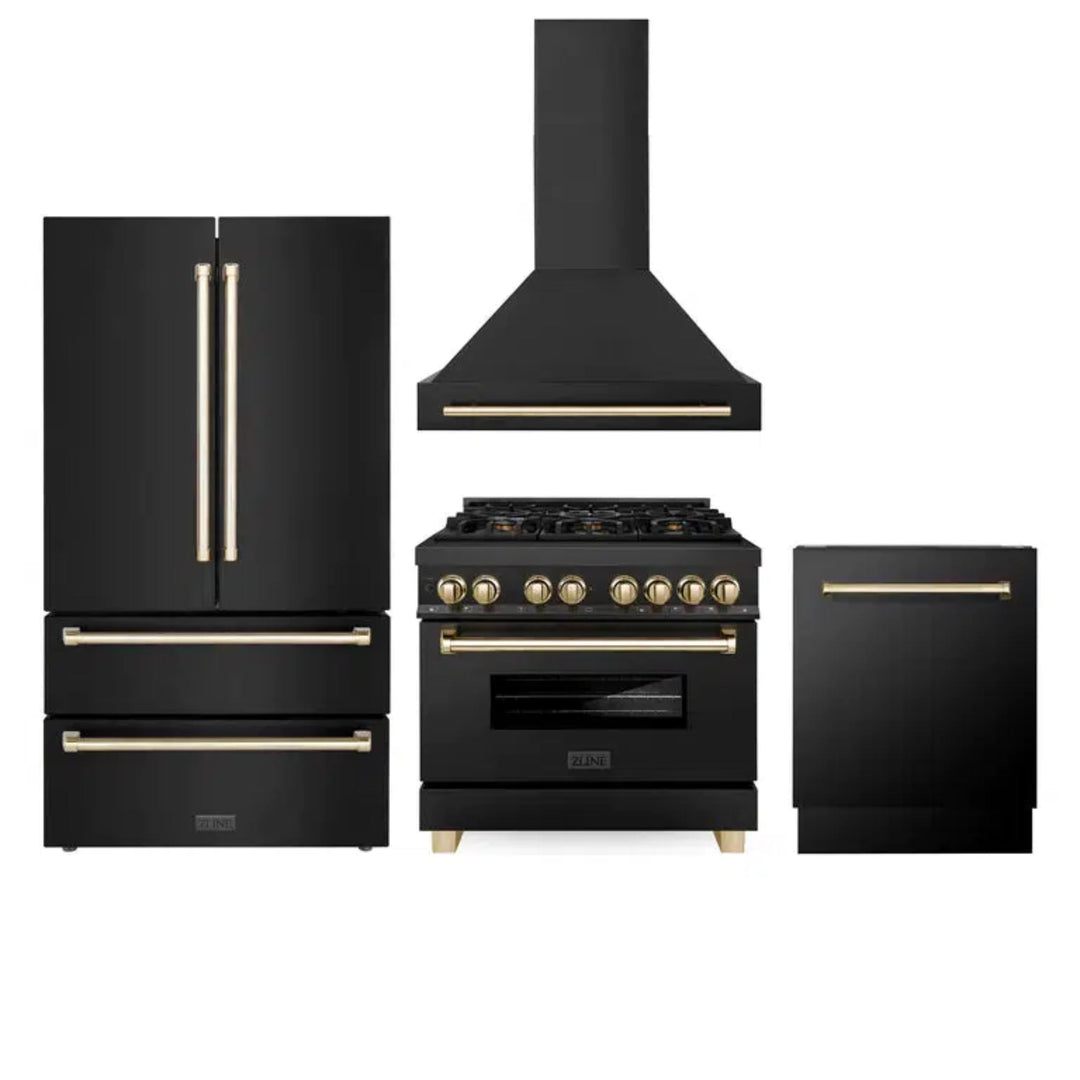 ZLINE Autograph Edition 30", 36", &amp; 48" Black Stainless Steel 4-Piece Kitchen Package with Dual Fuel Range, Range Hood, Dishwasher, and Refrigerator—Polished Gold Accents